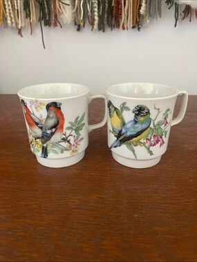 White Porcelain Bird-Print Mugs - Set of 2